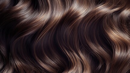 Naklejka premium Close-up of wavy brunette hair cascading over the shoulders, with soft curls framing the face, showing texture and shine.