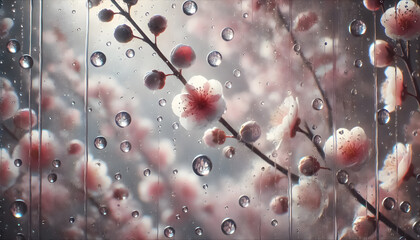 Raindrops on a glass window with blurred floral background. 