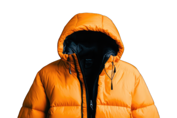 Vibrant orange puffer jacket with a hood, perfect for cold weather and outdoor activities. Stylish and functional winter wear.
