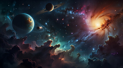 Obraz premium A dreamy galaxy with swirling nebulae, twinkling stars, and distant planets casting soft glows. Background