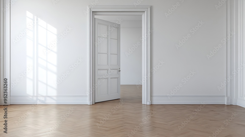 Poster an empty room with white walls and wood flooring the door is open on the right side to the left : ge