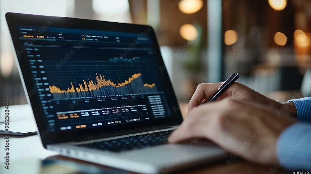 Fototapete Business data analysis growth and development Businessman working on laptop with financial report economic graph growth chart and global network connection business plan strategy and s : Generative AI