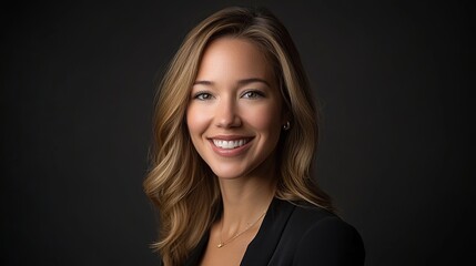 Fototapeta premium Professional headshot of a woman in a business suit with a soft focus and clean backdrop