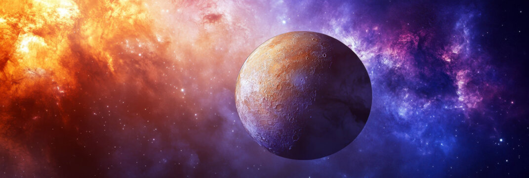 Planet Mercury in retrograde on a purple background with stars. View of Mercury - planet of the Solar system. Galaxy, stars and planet Mercury. Horizontal banner. Free space for text