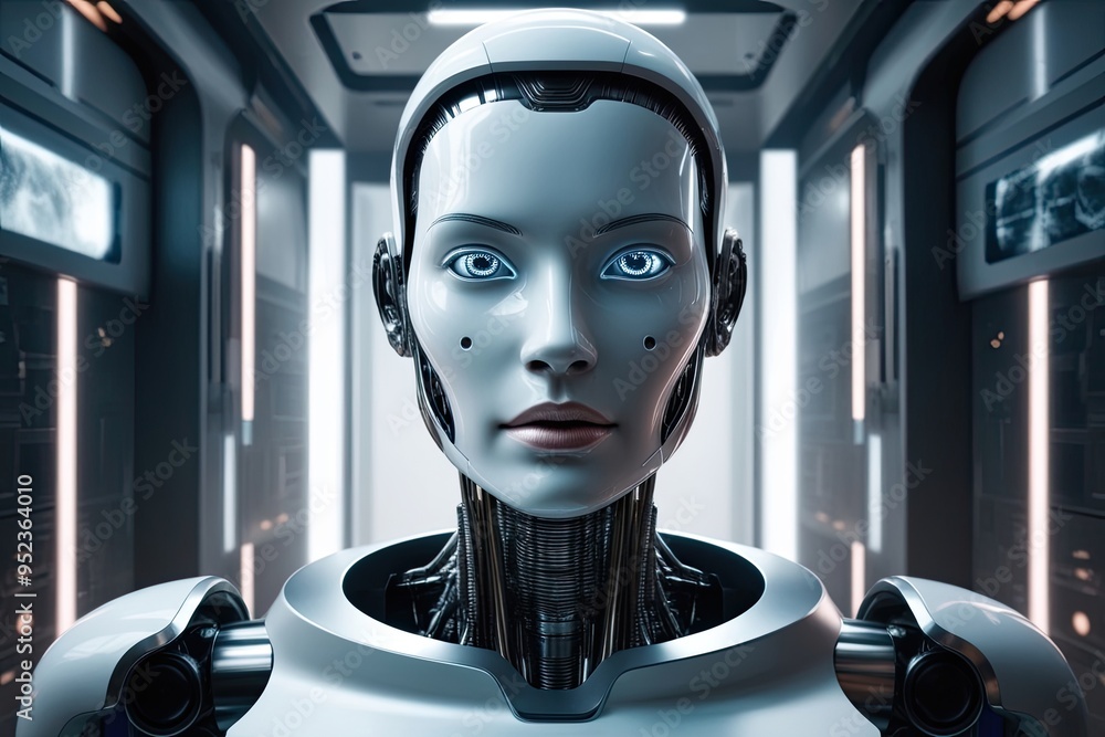 Poster futuristic android face unveiling modern technology and automation advances
