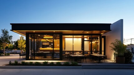 Obraz premium Contemporary restaurant with a modern facade, outdoor seating, and a clean, stylish design