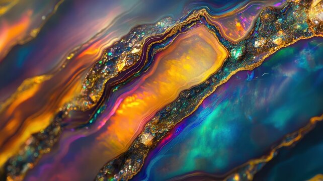 Close-up of an opal stone with bright, iridescent colors in a polished surface.