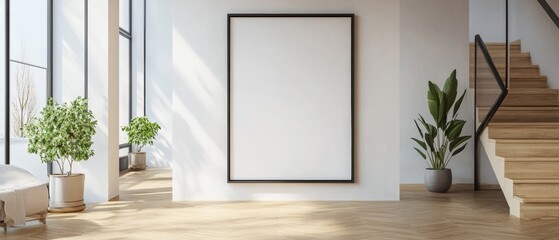 A large white framed picture hangs on a wall in a room with a wooden staircase