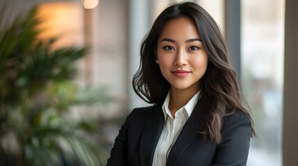 Fototapeta premium Professional headshot of a woman in a business suit with a soft focus and clean backdrop