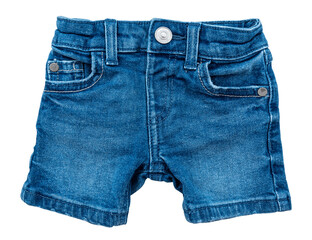 Children's denim short shorts on white background. Denim shorts isolate