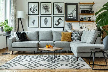  Cozy Living Room with Gray Fabric Sofa, L-Shaped Backrest, Black Accent Chairs, and Geometric Carpet on Light Wooden Floor
