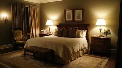 Elegant guest bedroom with a comfortable bed, tasteful furnishings, and soft lighting, creating a welcoming space for visitors.