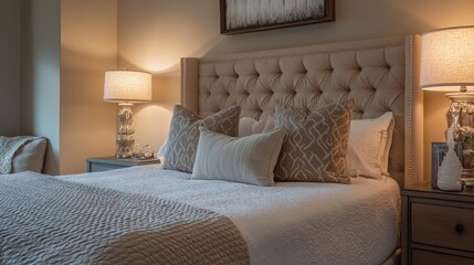Elegant master bedroom with a plush bed, decorative pillows, and soft lighting, creating a serene and luxurious retreat.