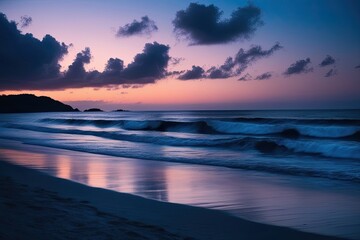 Fototapeta premium Indigo Beach Walk at Dusk Stunning Visual of Ocean Waves and Sunset