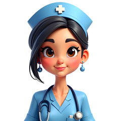 Asian female cartoon nurse with a stethoscope on her shoulder