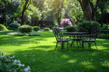 Obraz premium Outdoor Seating Area with Green Lawn, Garden Furniture, Tables and Chairs among Flowerbeds in a Park Setting