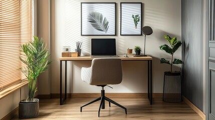 Minimalist home office with a clean desk, ergonomic chair, and modern decor, designed for productivity and comfort.