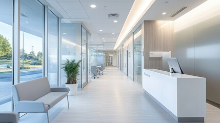 Modern health clinic with a clean, glass-fronted design, emphasizing accessibility and contemporary medical architecture.