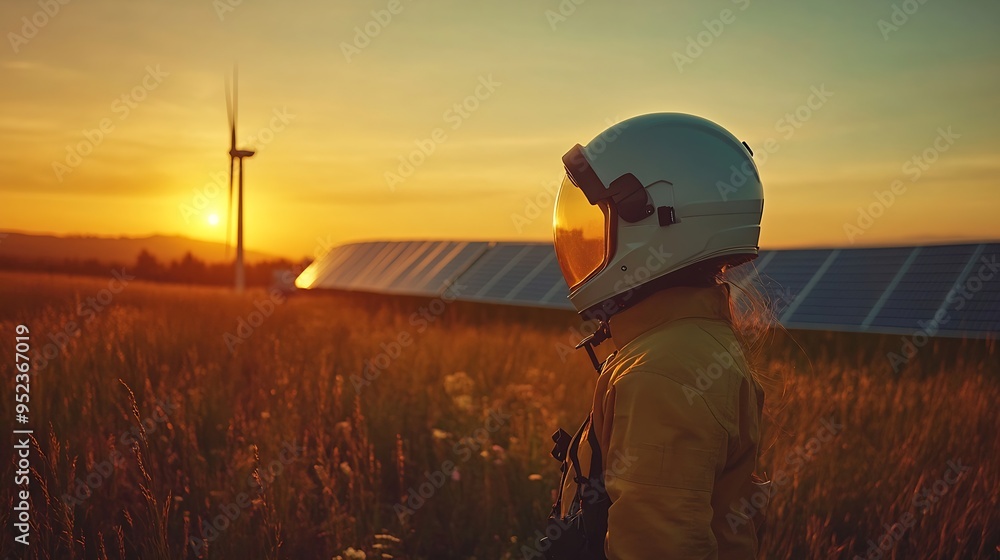 Poster engineer working for alternative energy farm wind turbine and solar panels concept focus on helmet :