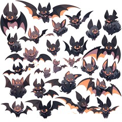 Fototapeta premium A playful collection of cartoon bats showcasing various poses and expressions, perfect for Halloween-themed designs and projects.