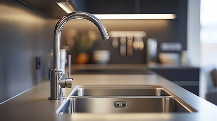 Modern kitchen sink with a sleek faucet, stainless steel finish, and clean countertop, set against a stylish kitchen backdrop.