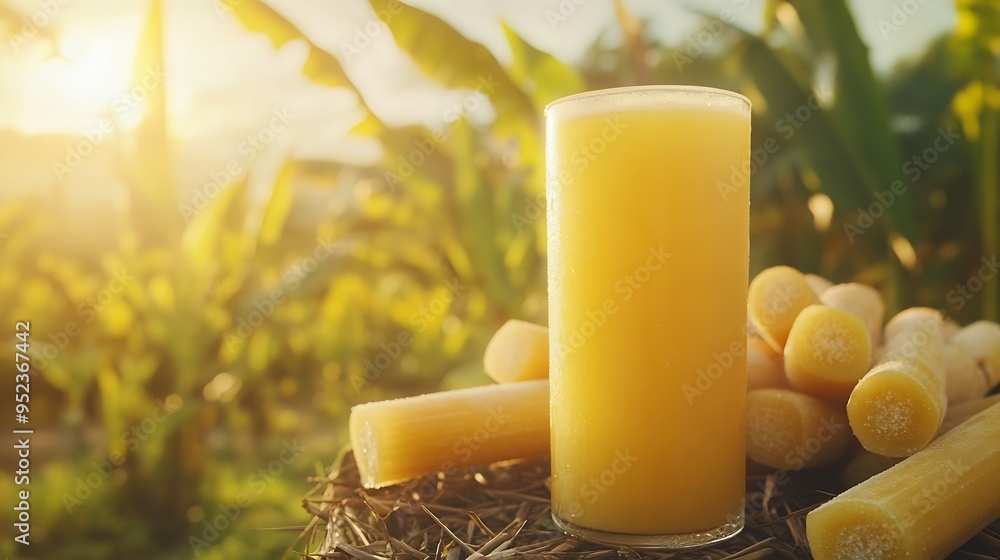 Poster fresh squeezed sugar cane juice with sugar cane plantation farming background : generative ai