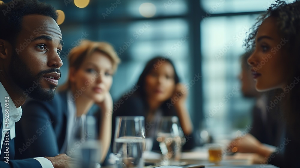 Aufkleber diverse coworkers working together in boardroom brainstorming discussing and analyzing and planning 