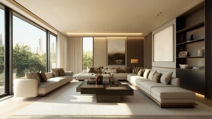 Fototapeta premium Modern living room with sleek furniture, large windows, and neutral color scheme, creating a spacious and inviting atmosphere.