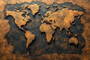 Fototapeta premium Embossed World Map on a Rusted Metal Surface