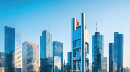 Fototapeta premium Modern skyscrapers in a city skyline, showcasing sleek glass facades and high-rise architecture against a clear blue sky.