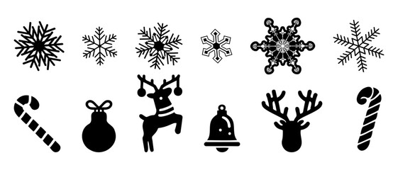 Christmas decoration silhouette vector black filled illustration icon set, Isolated white background.