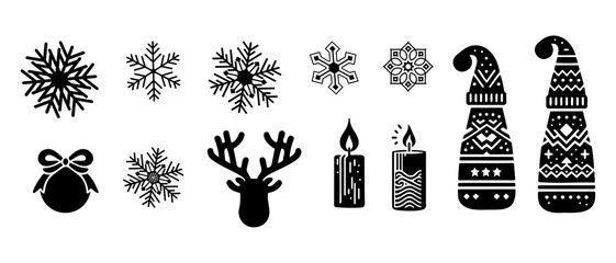 Christmas decoration silhouette vector black filled illustration icon set, Isolated white background.