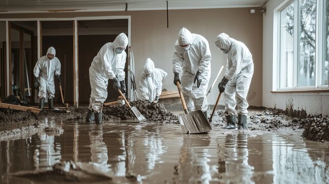Workers in hazmat suits cleaning a flooded room, symbolizing disaster recovery and environmental cleanup.