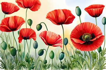 Naklejka premium Stunning Watercolor Art of Bright Red Poppies on Soft Pastel Background