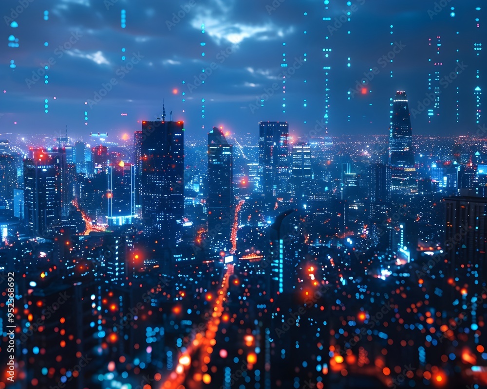Poster digitally enhanced skyline of a smart futuristic metropolis with real time data visualization