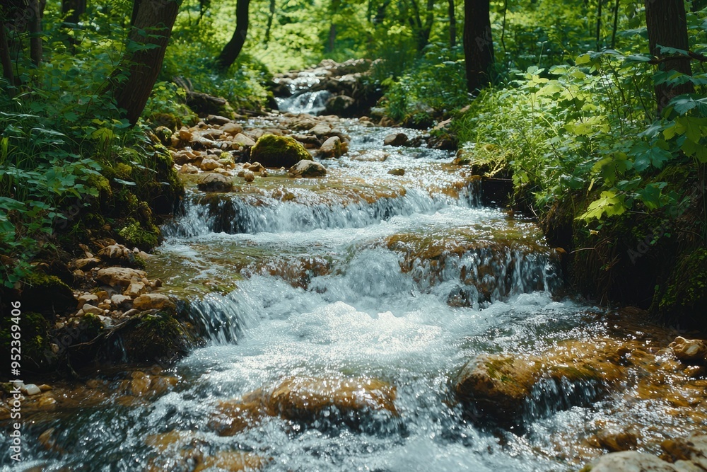 Poster a cascading stream in a lush forest