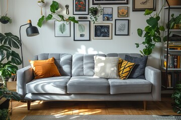 Cozy Living Room with Gray Velvet Sofa, Boho Style Decor, Wooden Coffee Table, Black Floor Lamp, and Art Prints