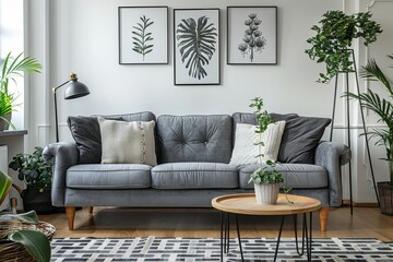 Cozy Living Room with Gray Velvet Sofa, Boho Style Decor, Wooden Coffee Table, Black Floor Lamp, and Art Prints
