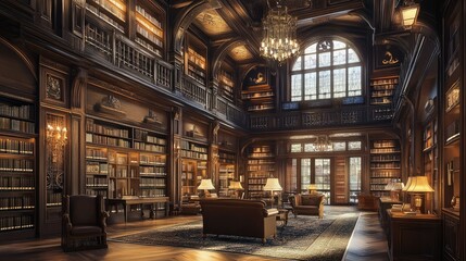 Fototapeta premium Traditional city library with classic architecture, large reading rooms, and historical charm.