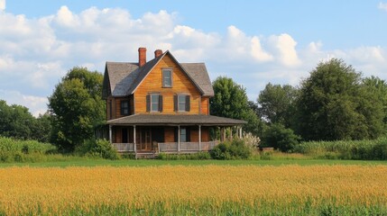 Obraz premium Traditional farm house with a large porch, wooden facade, and surrounding fields, representing rural architecture.