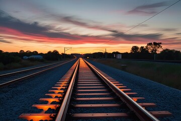 Fototapeta premium Radiant Train Tracks Beneath Breathtaking Sunset Sky