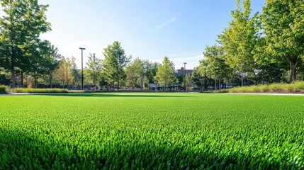 Obraz premium Wide view of an artificial grass installation at a public park, featuring clean and green lawn areas for recreational use