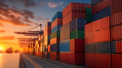 Fototapeta premium Vibrant sunset over a port filled with stacked shipping containers, highlighting logistics and international trade in a dynamic landscape.