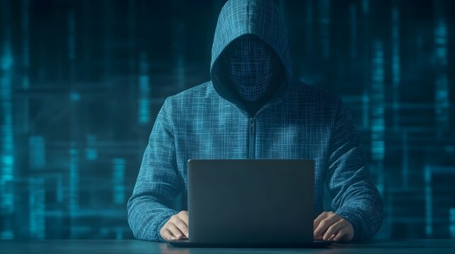 A hooded figure interacts with a laptop, surrounded by digital code, representing themes of hacking and cybersecurity.