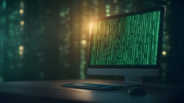 A modern computer displays cascading green code against a dark background, symbolizing technology and digital innovation.