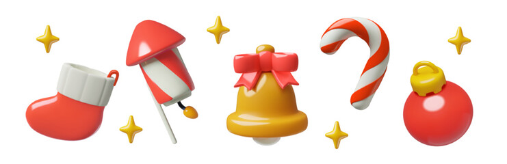 Christmas 3d vector icons set. Red and white xmas holiday emoji in a cute three dimensional plastic style. Stocking, firework, jingle bell with a bow, candy cane and ornament. 