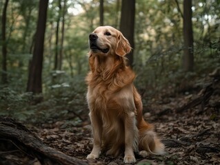 Majestic Golden Retriever Dog Sitting on Forest Floor with Soft Curly Fur and Soulful Eyes