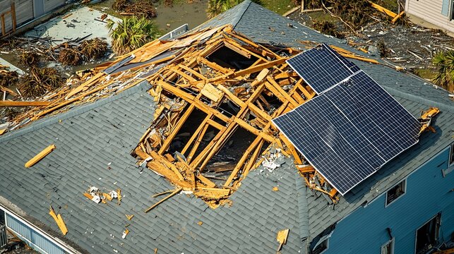 Destroyed by hurricane winds broken down photovoltaic solar panels mounted on industrial building roof for producing green ecological electricity Consequences of natural disaster in Fl : Generative AI
