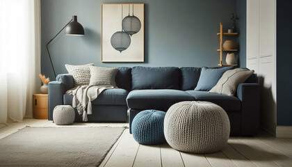 Cozy living room with knitted poufs and textured cushions, featuring a modern design and soft natural light in a quiet home setting