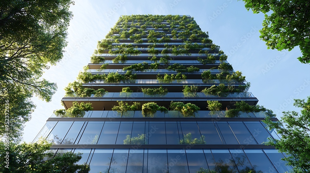 Poster ecofriendly building in modern city sustainable glass office building with trees for reducing co2 gr